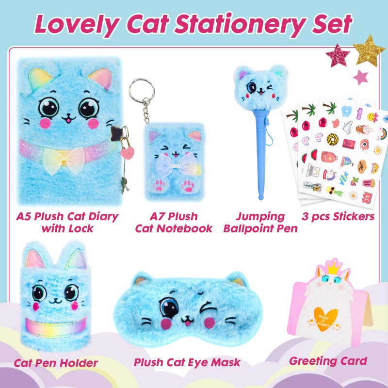 YOYTOO Cat Gifts for Girls  Kids Cat Plush Toys with Secret Diary  Ballpoint Pen  Eye Mask  Pen Holder  Stickers  Christmas Birthday Gifts for Little Girls Age 5 6 7 8 9 10-12 Years Old - Image 2